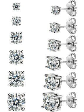Women's 6 Pairs 3-8mm Silver Hypoallergenic Stainless Steel Stud Earrings Set